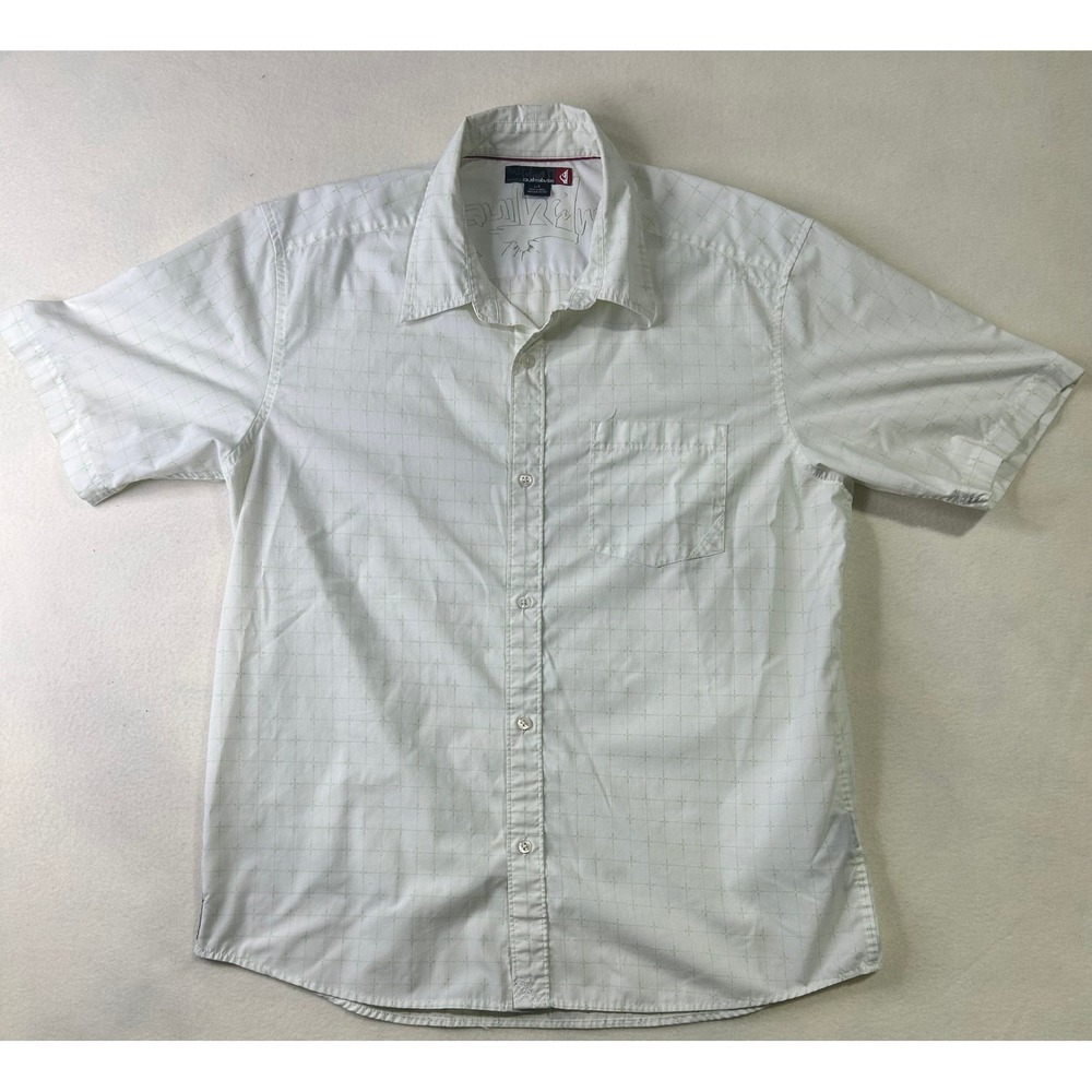 Quiksilver Mens White Green Geometric Grid Short Sleeve‎ Button Down Shirt L